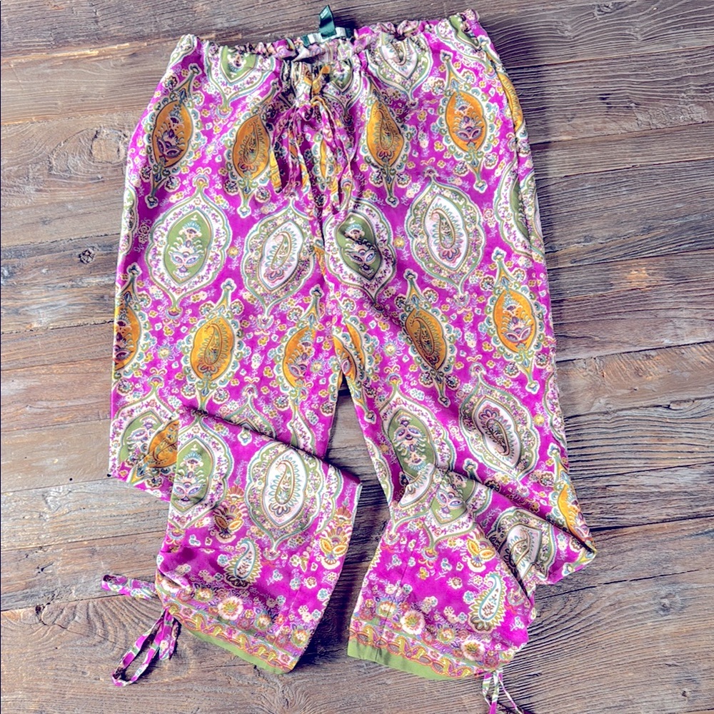 Ralph Lauren poly purple & green paisley side ruched casual pants EUC size S - Picture 4 of 11